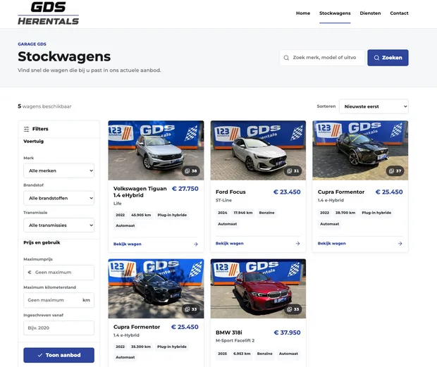 Nieuwe Garage GDS-showroom met filters, zoekfunctie en compacte voertuigkaarten