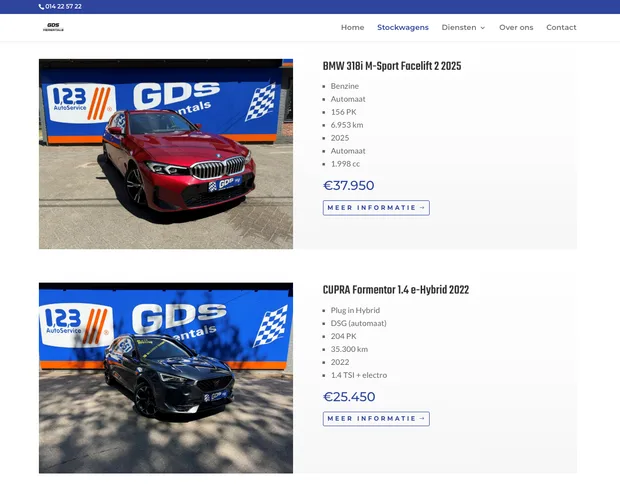 Oude Garage GDS-aanbodpagina met twee wagens in een verticale lijst